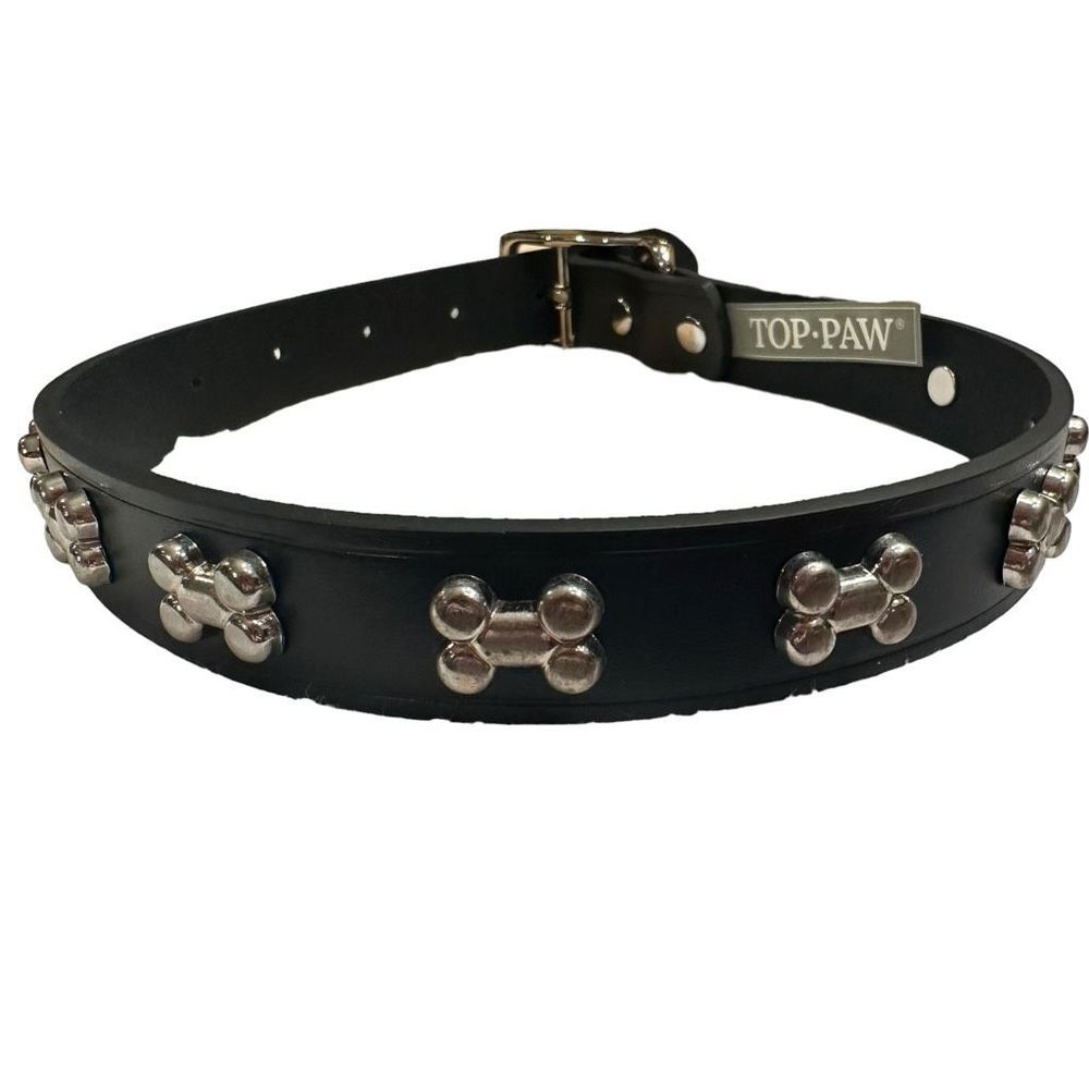 Top Paw Bone Studded Black Leather Dog‎ Collar Size Medium 14-18 in
